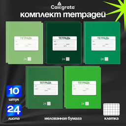 Комплект тетрадей из 10 штук, 24 листа в клетку Calligrata "Однотонная Новая Школьная", обложка мелованная бумага, ВД-лак, блок офсет, 5 видов по 2 штуки