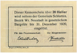 Банкнота 20 геллеров 1920 года Австрия  город Шлаттен (Нотгельд)