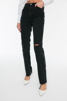 Siyah Recycle Y?rtmacl? Y?rt?k Detayl? Yuksek Bel Flare Jeans TWOSS22JE0599