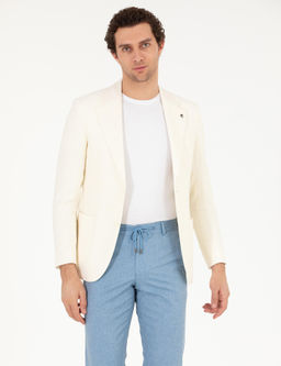 Beyaz Slim Fit Y_n Keten Kar___ml_ Ceket