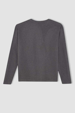 Женская однотонная футболка с длинными рукавами из ткани селаник антрацита стандартного кроя с круглым вырезом - Defacto фото 10