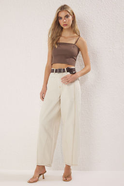 TRENDYOLMILLA Koyu Mavi Kahverengi Kemerli Dikis Detayl? Yuksek Bel Barrel Balon Jeans TWOSS25JE00182  фото 7