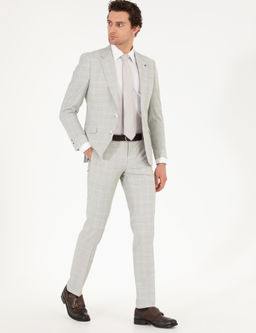 Gri Slim Fit Kareli Tak_m Elbise