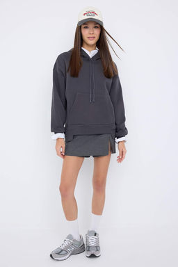 Teen Antrasit Kal?n Ici Polarl? Kapusonlu Cepli Asimetrik Orme Sweatshirt TWOAW26SW00113