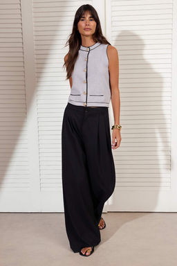 Ac?k Gri Premium Iplik/Ozel Iplik Bisiklet Yaka Renk Bloklu Ince Bluz TWOSS25YE00066