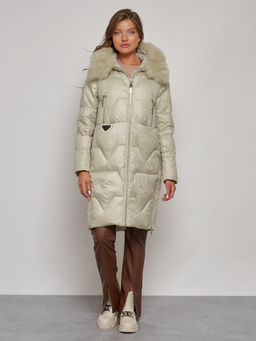 Пальто утепленное с капюшоном зимнее женское светло-зеленого 13305ZS