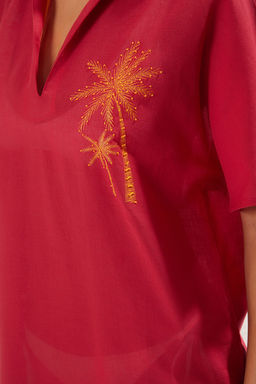 Trendyolmilla Fusya Maxi Dokuma %100 Pamuk Nak?sl? Plaj Elbisesi TBESS25EL00026  фото 5