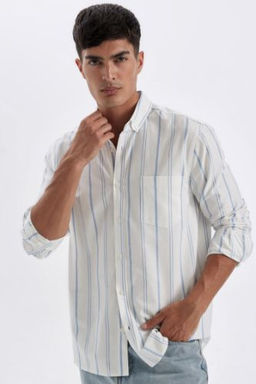 Regular Fit Oxford Dugmeli Polo Yaka Cizgili Pamuklu Uzun Kollu Gomlek