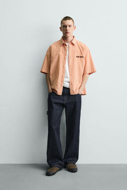 CAMISA CUADROS BORDADO COMBINADO / blanco-naranja