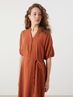 Ka??k Yaka Dokulu Balon Kollu M?slin Elbise