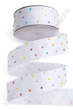 Лента репсовая с жемчужными полубусинами 3,8 см*20 ярд (SF-7027-1) белый №01/микс