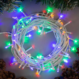Гирлянда Нить 10 м, IP20, белая нить, 100 LED, 8 режимов, 220 В, свечение мульти