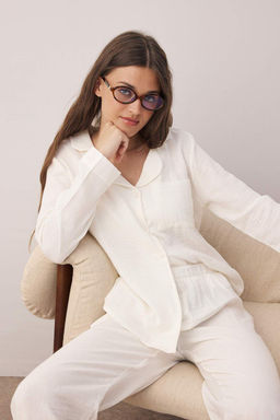 Ekru %100 Pamuklu Cepli Muslin Kumas Dokuma Pijama Tak?m? THMAW26PT00023 - Trendyolmilla фото 2