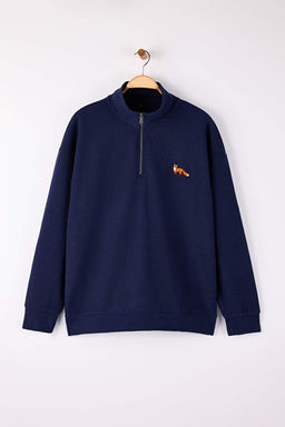 Lacivert Yeni Oversize B_y_k Beden Dokulu Dik Yaka Tilki Nak__l_ Sweatshirt TMNAW26AO00000
