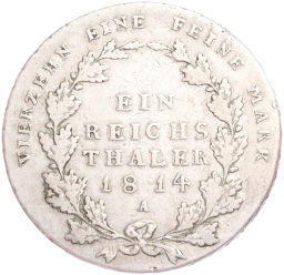 Монета 1 рейхсталер 1814 года A Пруссия