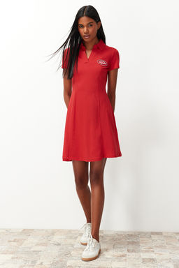 K?rm?z? Skater/Belden Ac?lan Nak?sl? Pamuklu Esnek Orme Mini Elbise TWOSS24EL00819