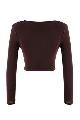 Kahverengi Toka Detayl? V Yaka Uzun Orme Sandy Party Bluz TPRAW26BZ00063