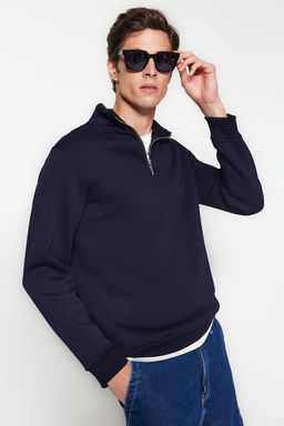 Lacivert Regular/Normal Kesim Dik Yaka Fermuarl? Pamuklu Basic Ici Polarl? Sweatshirt TMNAW24SW00041