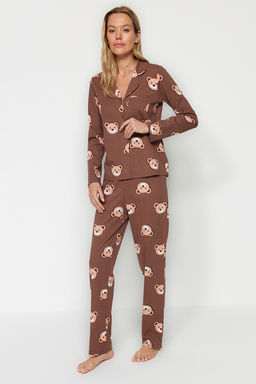 Trendyolmilla Ekru %100 Pamuklu Ay?c?kl? Gomlek-Pantolon Orme Pijama Tak?m? THMAW24PT00002 фото 2