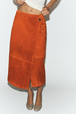 100% SUEDE LEATHER WRAP MIDI SKIRT - Zara фото 14