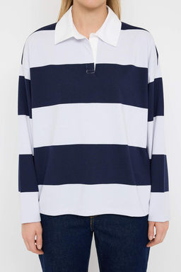 Lacivert Cizgili Polo Yaka Oversize/Genis Kal?p Orme Sweatshirt TWOAW26SW00051