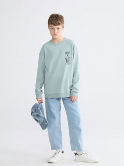 Bisiklet Yaka Slogan Bask?l? Erkek ?ocuk Sweatshirt