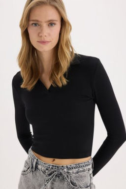 Fitted Polo Yaka Basic Duz Modal Uzun Kollu Tisort