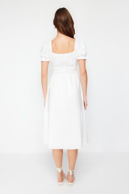 Beyaz Skater/Belden Ac?lan Balon Kollu Astarl? Midi Astarl? Dokuma Elbise TWOSS22EL1768