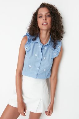 Mavi Cicek Nak?sl? F?rf?r Detayl? Dokuma Gomlek TWOSS22GO0240