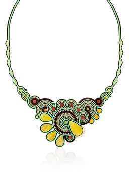 Зеленое ажурное колье с элементами плетения и вставками из натурального молочно-белого янтаря Индия