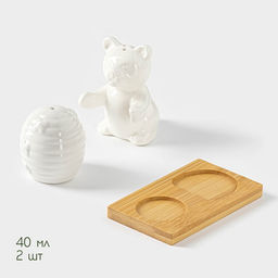 Набор для специй BellaTenero Мишка с ульем, солонка 40 мл, перечница, 40 мл, на бамбуковой подставке, фарфор, белый  фото 3