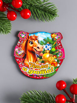Цена за 3 шт. Магнит на холодильник Новогодняя подкова с конём. Тепла и уюта, 7?7 см - Дарим красиво фото 2