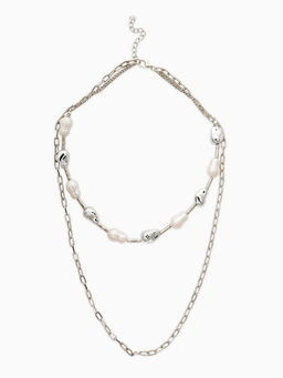 Колье "Жемчуг" борокко, цепь, удлиненное, 2 яруса, цвет белый в серебре