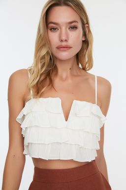 Beyaz Dokuma F?rf?rl? Plaj Crop Bluz TBESS21BZ0661