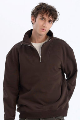 Relax Fit Dik Yaka Fermuarl? Basic Duz Kal?n Sweatshirt - Defacto фото 4