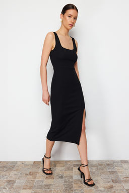 TRENDYOLMILLA Siyah itted/Vucuda Oturan Y?rtmacl? Kare Yaka Esnek Orme Midi Kalem Elbise TWOSS24EL00679 фото 4