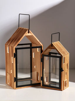 Подсвечник дерево "Дом с панорамным окном" набор 2 шт 10х15х28,5 15х20х36 см