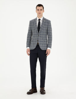 Gri Ex. Slim Fit Y_n Kar___ml_ Ekose Ceket