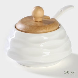 Набор для специй BellaTenero, 5 предметов: солонка 80 мл, перечница 80 мл, сахарница с ложкой 170 мл, на бамбуковой подставке, фарфор, белый