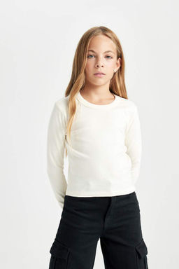 Укороченная рубашка с круглым вырезом для девочек, футболка в рубчик с принтом и длинными рукавами, состоящая из двух частей - Defacto фото 8