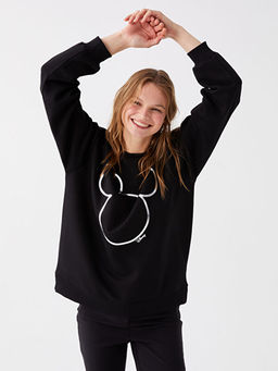 Bisiklet Yaka Mickey Mouse Bask?l? Uzun Kollu Kad?n Sweatshirt