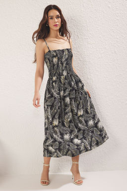 TRENDYOLMILLA Sar? Tropikal Etegi Belden Ac?lan Gipeli Midi Dokuma Elbise TWOSS25EL00579 фото 6