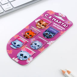 Цена за 2 шт. Закладки магнитные на подложке Зверята. 8 марта, 6 шт.