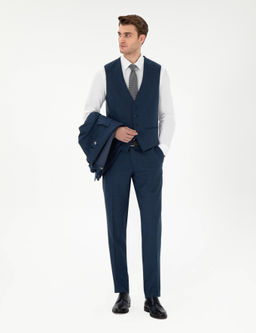 Lacivert Ex. Slim Fit Yelekli Tak_m Elbise