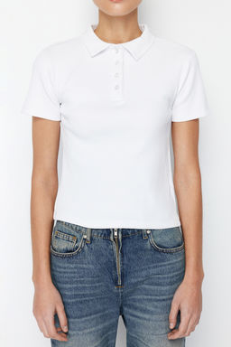 Trendyolmilla Siyah Polo Yaka Dugmeli K?sa Kol Esnek Fitilli Orme Bluz TWOSS24BZ00111  фото 5