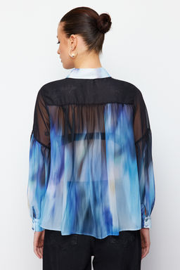 TRENDYOLMILLA Mavi Balon Kol Desenli Sifon Kumas Oversize Genis Kal?p Dokuma Gomlek TWOSS24GO00003  фото 6