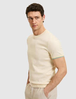 Ekru Slim Fit %100 Pamuk Bisiklet Yaka Triko T-shirt