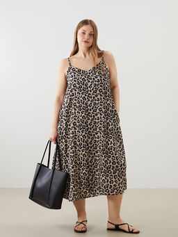 V Yaka Leopar Desenli Ask?l? Elbise