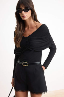 Siyah Fitted/Vucuda Oturan Carmen Yaka Buzgu Detayl? Uzun Kol Orme Bluz TWOSS26BZ00694 - Trendyolmilla фото 2