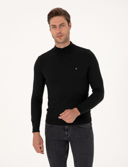 Siyah Slim Fit Yar_m Bal_k__ Yaka Basic Triko Kazak